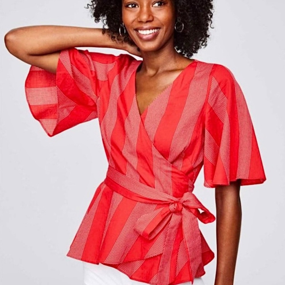 LOFT Red Wrap Blouse with Short Sleeves and Tie Front